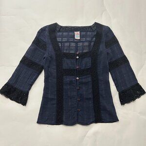 Vintage Free People Navy Blue Square neck Crochet Button Down bouse shirt boho